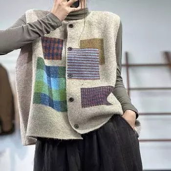 DIMANAF 2023, зима, большие размеры, осень, женский клетчатый жилет без рукавов, свитера, модный вязаный свитер оверсайз, повседневный стиль, свободный свитер One Size хаки