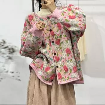 DIMANAF 2023 Зима Новый Плюс Размер Осень Женщины Цветочные Пуговицы Свитера Куртка Вязание Мода Oversize Повседневный Стиль Свободный Кардиган Свитер One Size