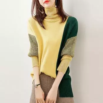 DIMANAF 2023, зима-осень, женские свитера с воротником, ватный лоскутный пуловер, вязаный модный повседневный стиль, фиолетовый свободный свитер