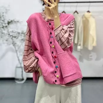 DIMANAF 2023 Зима Плюс Размер Осень Женщины Сплошные Пуговицы Свитера Жилет Куртка Вязание Мода Oversize Повседневный Стиль Свободный Кардиган Розовый Свитер