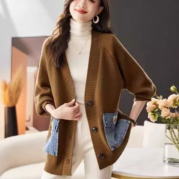 DIMANAF 2023 Зимнее джинсовое пальто больших размеров Осенние женские лоскутные свитера Куртка с карманами Вязание Модный повседневный стиль Свободный свитер