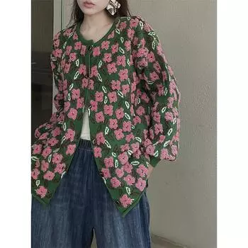 DIMANAF 2023, зимние свитера, куртка больших размеров, осенний женский вязаный свитер с цветочным принтом, модный свободный зеленый кардиган в повседневном стиле One Size зелёный