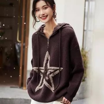 DIMANAF 2023, зимние свитера с капюшоном, женские лоскутные свитера со звездами, ватный пуловер, вязаный клетчатый свободный свитер One Size темно-коричневого