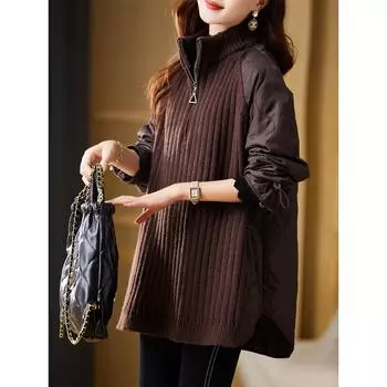 DIMANAF 2023, зимние свитера, женские свитера больших размеров, искусственный двухсекционный лоскутный ватный пуловер, водолазка, вязаный клетчатый свободный свитер