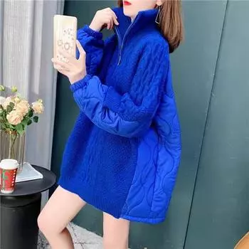 DIMANAF 2023, зимние женские свитера больших размеров, лоскутное ватное пальто на молнии, пуловер, вязаная куртка, водолазка, искусственный двухсекционный синий свободный свитер One Size синий