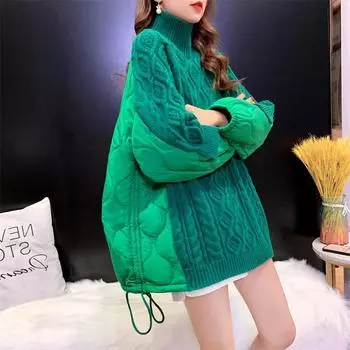 DIMANAF 2023, зимние женские свитера большого размера, лоскутное ватное пальто, пуловер, вязаная куртка, водолазка, искусственный двухсекционный синий свободный зеленый свитер One Size зелёный