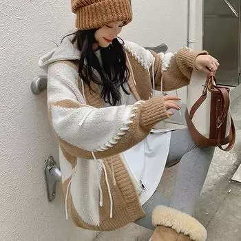 DIMANAF 2023, зимние женские свитера оверсайз, лоскутное пальто, вязаная куртка, искусственная шапка из двух частей, свободный свитер One Size серый