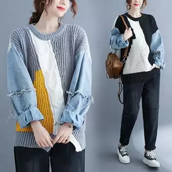 DIMANAF 2023, зимняя футболка большого размера, женские свитера, джинсовый пуловер с круглым вырезом в стиле пэчворк, вязаный базовый синий модный свободный свитер One Size серый