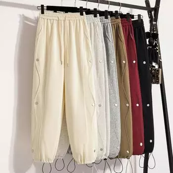 DIMANAF 2024 Autumn Long Pants Sweatpants Cotton Buttons Women Harem Elastic Solid Waist Loose Pants New