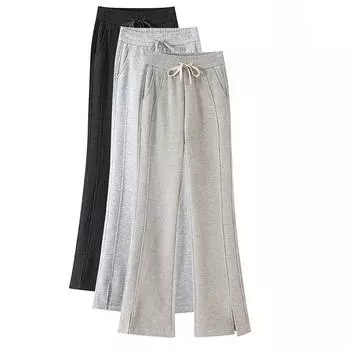 Dimanaf 2024 Осень Зима Длинные брюки Плотные спортивные брюки Хлопок Женские шаровары Эластичный однотонный пояс Свободные брюки Новые S чёрный