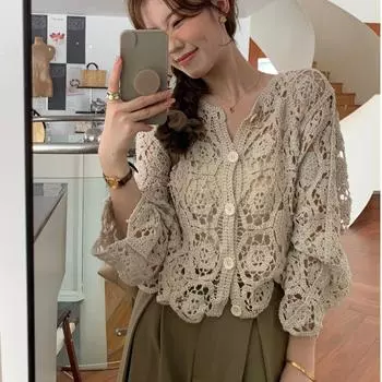 DIMANAF 2024 Autumn Women Lace Basic Buttons T-Shirt Long Sleeve Tops Flower Casual Loose White Tees