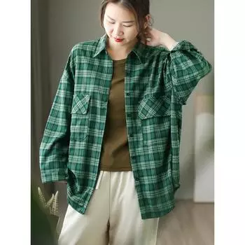 DIMANAF 2024 Блузки и рубашки больших размеров в клетку, осенний размер, модная блузка с длинным рукавом и асимметричным подолом One Size