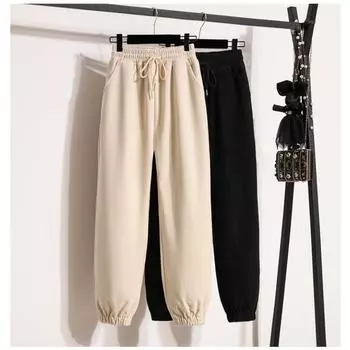 DIMANAF 2024 Большие размеры Длинные брюки женские эластичные свободные брюки с высокой талией толстые однотонные свободные повседневные базовые брюки-шаровары 5XL 2XL чёрный