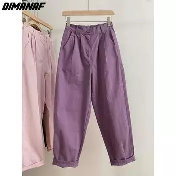 DIMANAF 2024 Большие размеры, длинные брюки, женские повседневные свободные однотонные тонкие шаровары с эластичной резинкой на талии, базовые брюки, широкие брюки