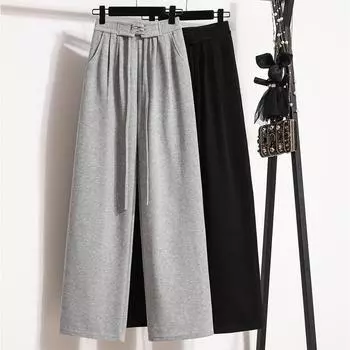 DIMANAF 2024 Большие размеры Длинные брюки Женские эластичные свободные однотонные хлопковые свободные повседневные женские базовые брюки 2XL чёрный