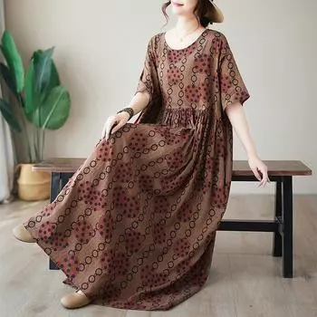 Dimanaf 2024 Большие размеры, летнее женское богемное свободное пляжное платье с круглым вырезом, винтажные длинные платья, новинка 1387