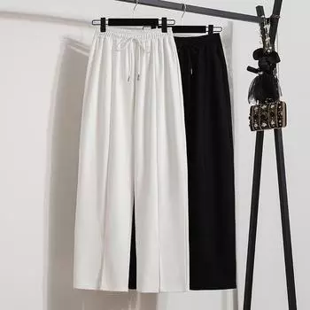 DIMANAF 2024 Большие размеры летние длинные брюки женские эластичные брюки свободные прямые повседневные женские базовые брюки широкие брюки белые 5XL L белый