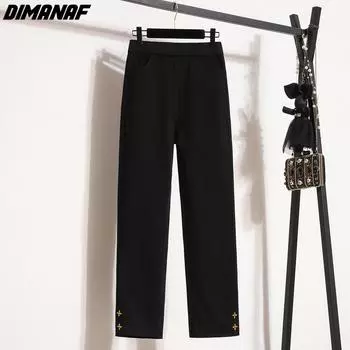 DIMANAF 2024 Большие размеры летние длинные брюки женские эластичные однотонные черные повседневные свободные базовые женские длинные брюки