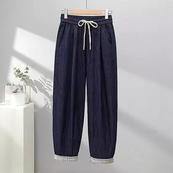 DIMANAF 2024 Большие размеры летние джинсовые брюки женские однотонные повседневные свободные шаровары с высокой талией синие джинсы широкие брюки