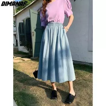 DIMANAF 2024 Большие размеры летние джинсовые юбки женская одежда модные джинсы женские синие повседневные свободные длинные юбки макси