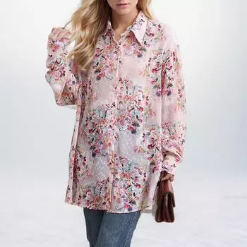 Dimanaf 2024 Большие размеры, летние футболки, блузка, повседневная рубашка, женская одежда с цветочным принтом, розовая свободная футболка с длинными рукавами