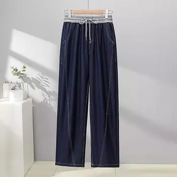 DIMANAF 2024 Большие размеры, летние новые джинсовые брюки, женские однотонные повседневные свободные шаровары с высокой талией, синие джинсы, широкие брюки