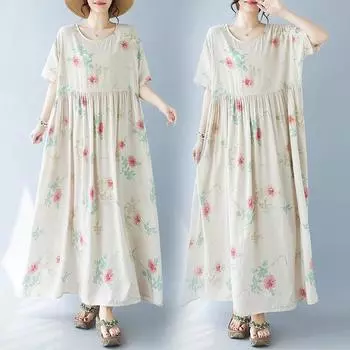 DIMANAF 2024 Большие размеры, летние женские базовые богемные свободные пляжные платья с цветочным принтом, длинные платья, новинка One Size бежевый