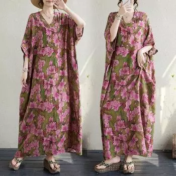 DIMANAF 2024 Большие размеры летние женские пляжные базовые свободные стильные винтажные длинные богемные платья с цветочным принтом One Size розовый