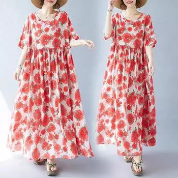 DIMANAF 2024 Большие размеры летние женские базовые длинные свободные стильные винтажные богемные платья с цветочным принтом новые One Size красный