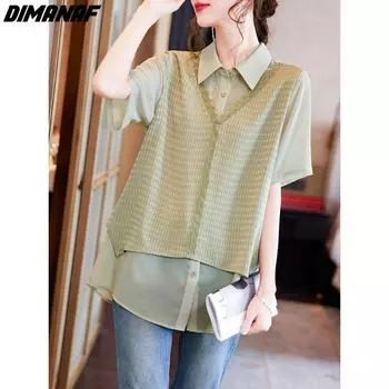 DIMANAF 2024 Большие размеры летние женские футболки блузки рубашки шифоновые кружевные элегантные женские топы футболки оверсайз свободные повседневные