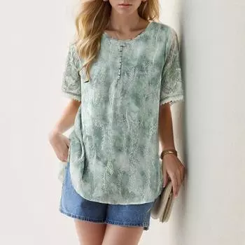 DIMANAF 2024 Большие размеры летние женские футболки летние стильные рубашки с цветочным принтом шифоновые элегантные женские топы футболки свободные повседневные зеленые