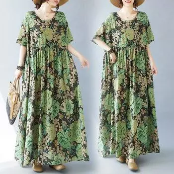 DIMANAF 2024 Большие размеры, летние женские богемные свободные пляжные платья, базовые длинные платья с цветочным принтом, новинка One Size зелёный