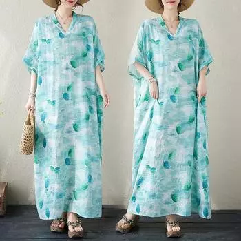 DIMANAF 2024 Большие размеры летние женские базовые свободные стильные винтажные длинные богемные платья с цветочным принтом пляжные платья One Size синий