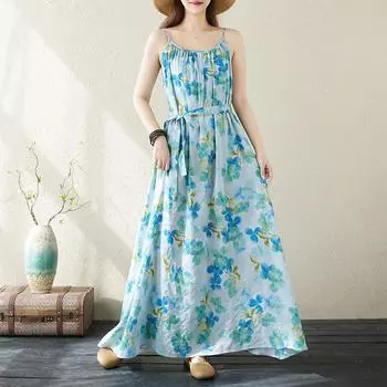 Dimanaf 2024 Большие размеры, летние женские богемные свободные пляжные платья без рукавов в базовом стиле с круглым вырезом, винтажные длинные платья, новинка