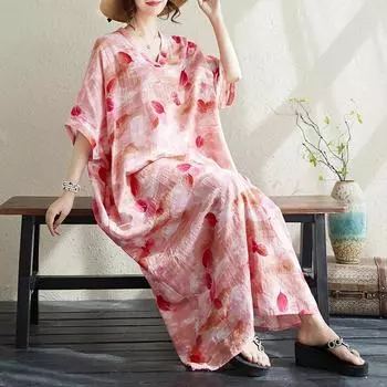 DIMANAF 2024 Большие размеры летние женские базовые длинные свободные стильные винтажные богемные платья с цветочным принтом пляжные платья One Size розовый