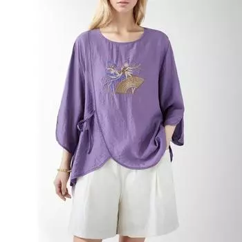 Dimanaf 2024 Большие размеры, летняя базовая футболка, блузка, повседневная рубашка, женские свободные топы с круглым вырезом, дизайн вышивки