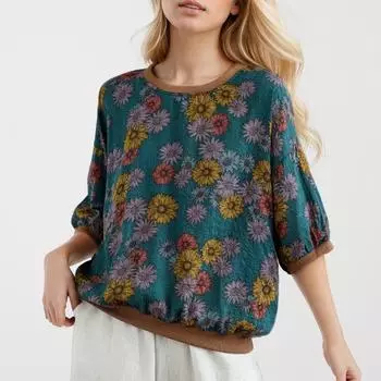 Dimanaf 2024 Большие размеры, новая летняя модная футболка с цветочным принтом, женская рубашка, повседневные винтажные базовые топы, футболки, свободный стиль