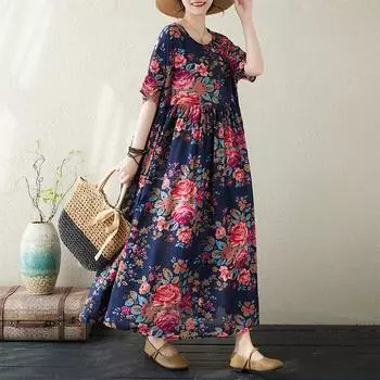 DIMANAF 2024 Большие размеры Новое летнее женское базовое платье Свободные длинные винтажные богемные платья большого размера с цветочным принтом One Size темно-синий
