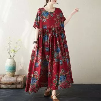 DIMANAF 2024 Большие размеры Новое летнее женское базовое пляжное платье Свободные длинные винтажные богемные платья больших размеров One SIze красный