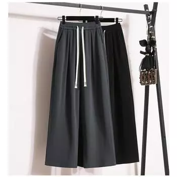 DIMANAF 2024 Большие размеры Новые длинные брюки женские эластичные свободные с высокой талией винтажные однотонные свободные мягкие повседневные базовые брюки на шнурке широкие брюки 5XL 2XL чёрный