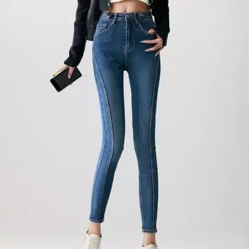 Dimanaf 2024 Большие размеры Новые джинсы Осенние женские пэчворк Базовые эластичные брюки Свободные повседневные женские брюки Синие брюки 5XL XXL синий