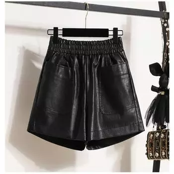 DIMANAF 2024 Большие размеры осень-зима шорты женские трапециевидные новые из искусственной кожи с высокой талией повседневные мягкие широкие брюки свободные короткие брюки S чёрный