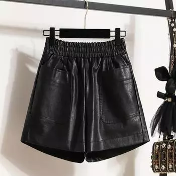 DIMANAF 2024 Большие размеры осень-зима шорты женские трапециевидные новые из искусственной кожи с высокой талией повседневные мягкие широкие брюки свободные короткие брюки S чёрный