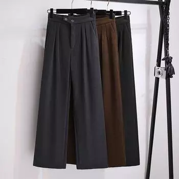 DIMANAF 2024 Большие размеры Осень Зима Новые Длинные Брюки Брюки с Высокой Талией Женские Однотонные Шаровары Базовые Повседневные Свободные Широкие Брюки L чёрный