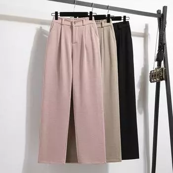DIMANAF 2024 Большие размеры Осень Зима Длинные брюки с высокой талией Трикотажные брюки Женские однотонные шаровары Повседневные свободные брюки Новые L розовый