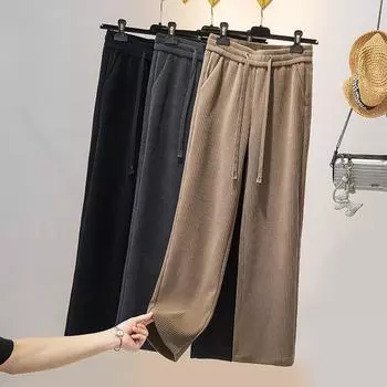 Dimanaf 2024 Большие размеры Осень Зима Толстые Вельветовые Женские Однотонные Шаровары С Высокой Талией Повседневные Свободные Брюки Новые Длинные Брюки L чёрный