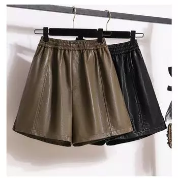 DIMANAF 2024 Большие размеры, осенне-зимние шорты, женские новые трапециевидные черные повседневные свободные широкие брюки из искусственной кожи, короткие брюки S чёрный