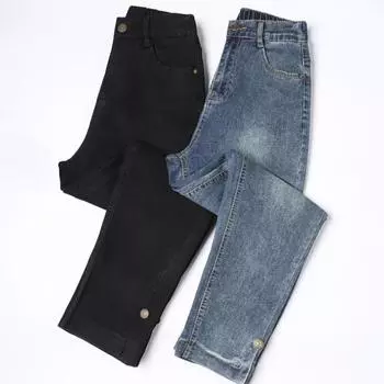 Dimanaf 2024 Большие размеры Осенние женские джинсы Брюки Высокая талия Эластичные пуговицы Базовый стиль Брюки Новые Длинные брюки Большой размер S чёрный