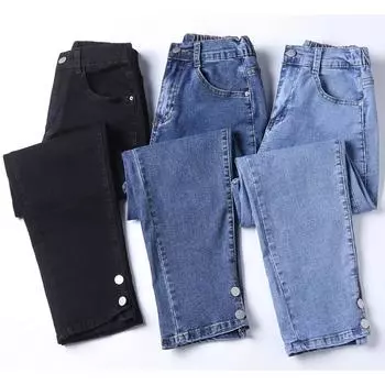 DIMANAF 2024 Большие размеры Осенние женские джинсы Брюки Высокая талия Пуговицы Базовый стиль Эластичные брюки Новые длинные брюки Большой размер S синий