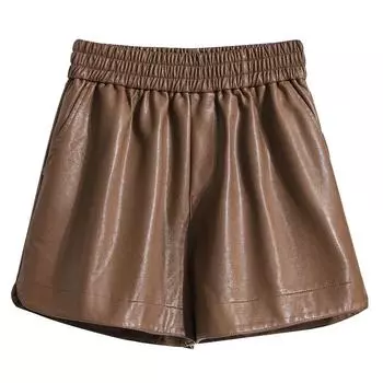 Dimanaf 2024 Большие размеры Осенние зимние шорты женские однотонные новые повседневные свободные широкие брюки из искусственной кожи с высокой талией короткие брюки L чёрный